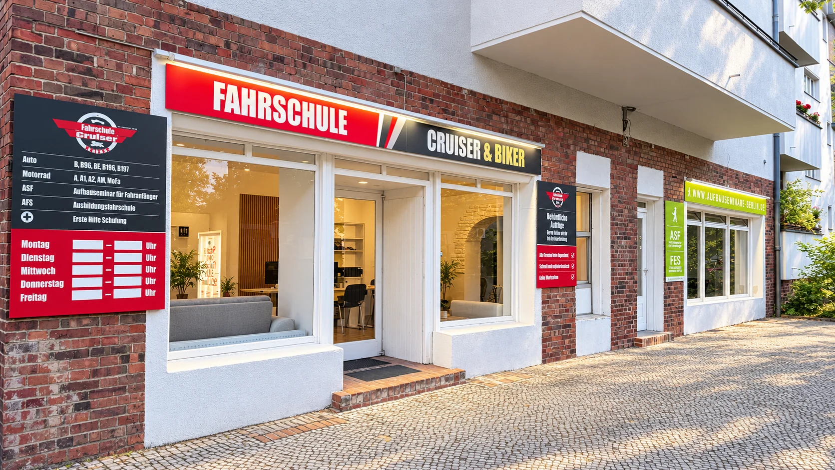 Fahrschule Cruiser & Biker und die Seminarräume von Aufbauseminare Berlin direkt nebeneinander in der Gorkistraße 87